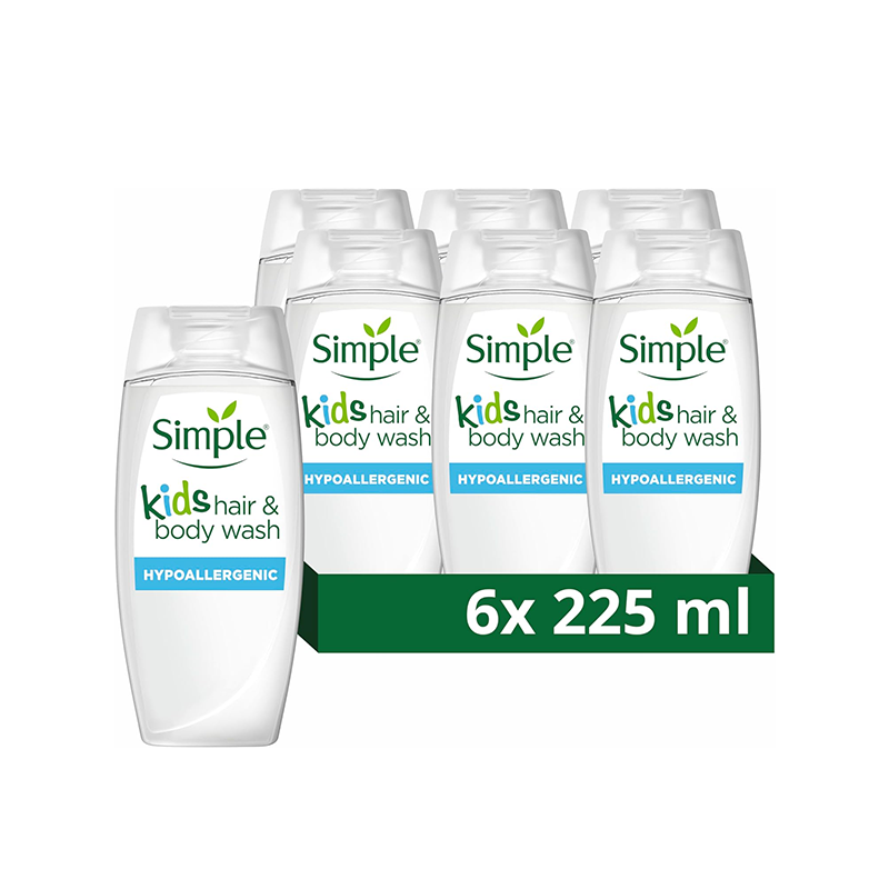 Simple Kind to Skin Kids Hair Shampoo & Body Wash Hypoallergenic Shower Gel  6x 225 ml