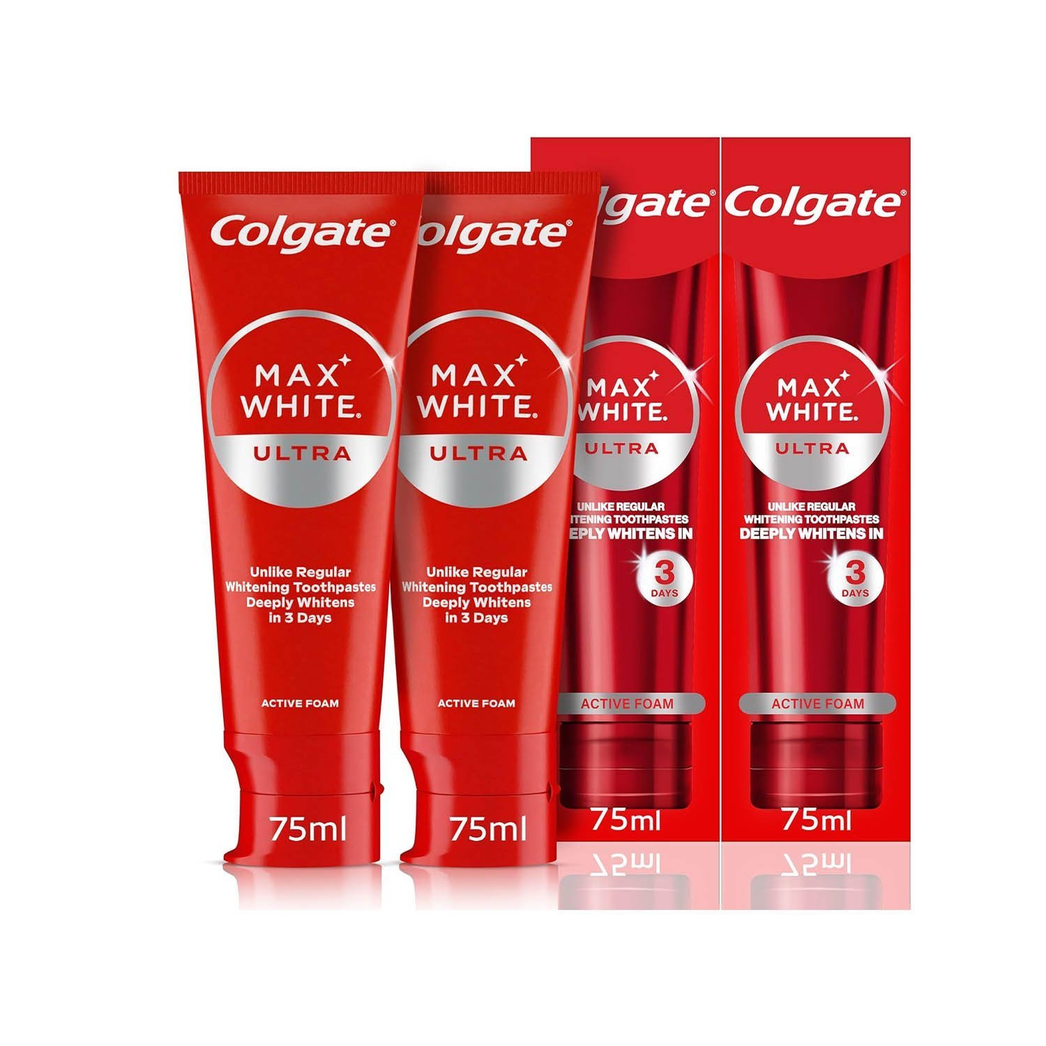 Colgate Max White Ultra Active Foam Toothpaste, 2 Pack, 75ml Tubes