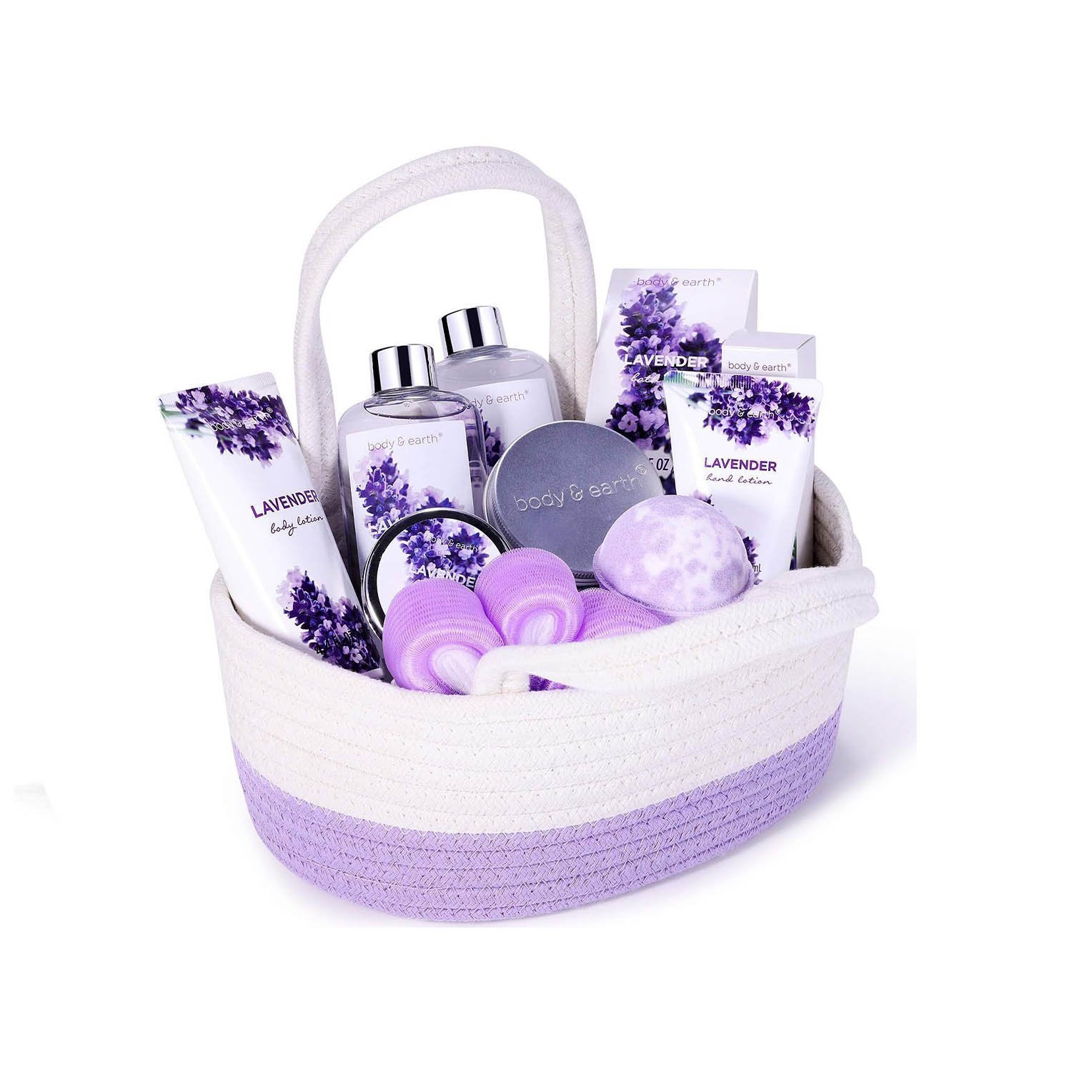 BODY & EARTH Spa Gift Set for Women - Gift Basket 11 Pcs Lavender Bath Set for Women