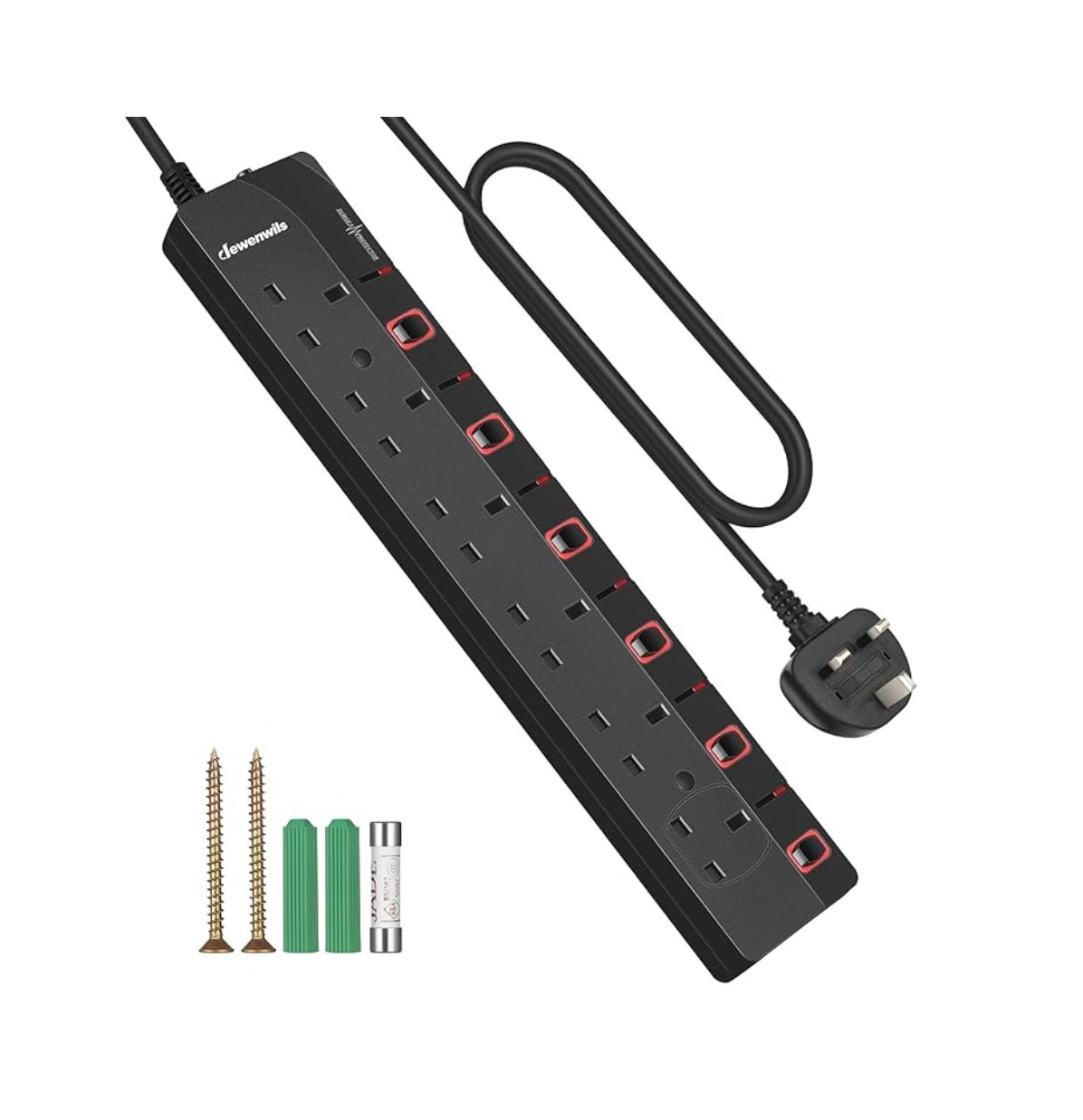 6 Way Surge Protected Extension Lead with Individual Switches and Indicator Lights, Extension Cable 3M