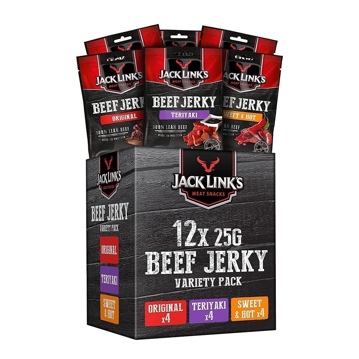 Jack Links Beef Jerky Mixed Case Variety Pack, x4 Sweet and Hot, x4 Teriyaki, x4 Original, Perfect Post Gym Meat Snack