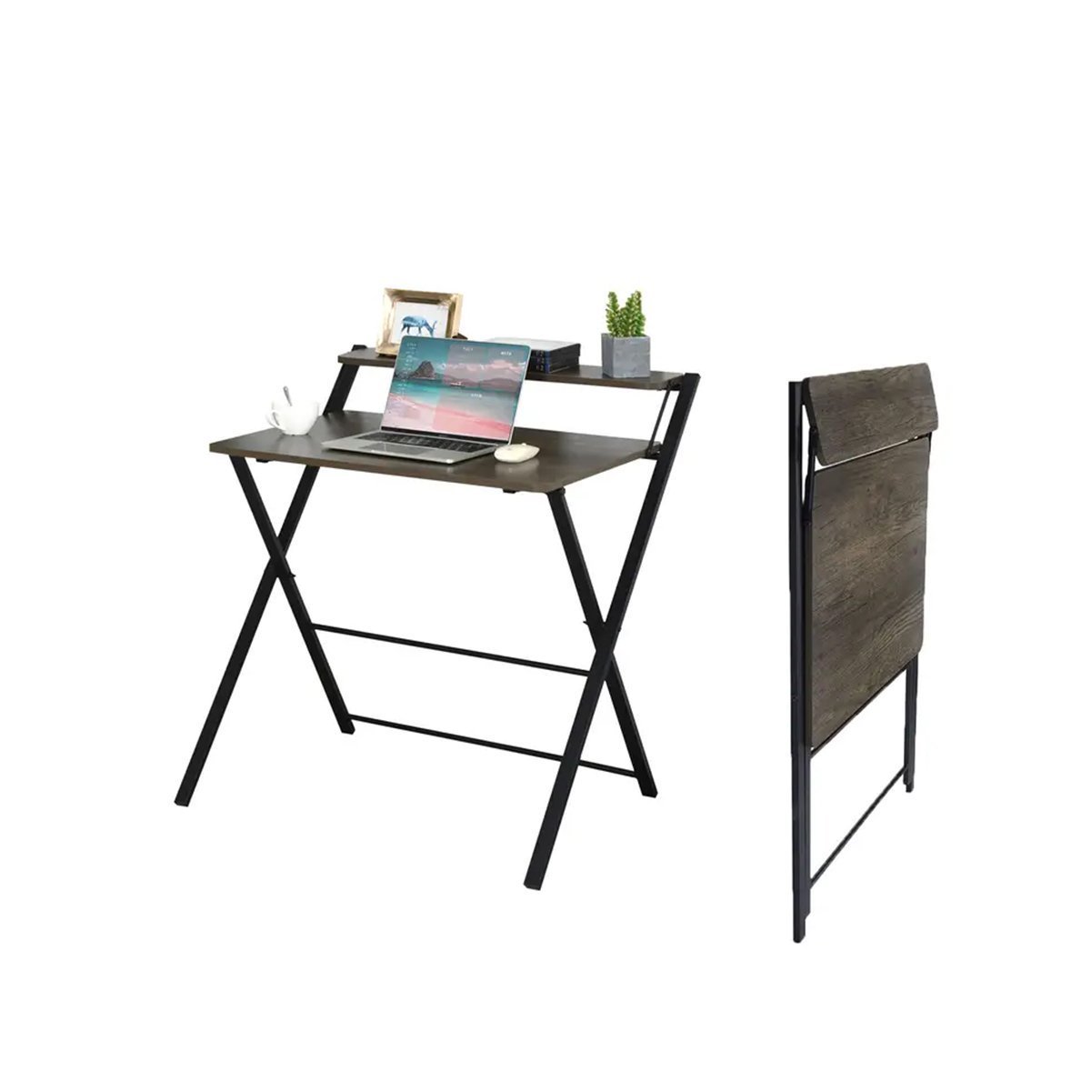Functional 2-Tier Folding Desk with Sturdy Metal Frame, Space-Saving Assembly Foldable Writing Table