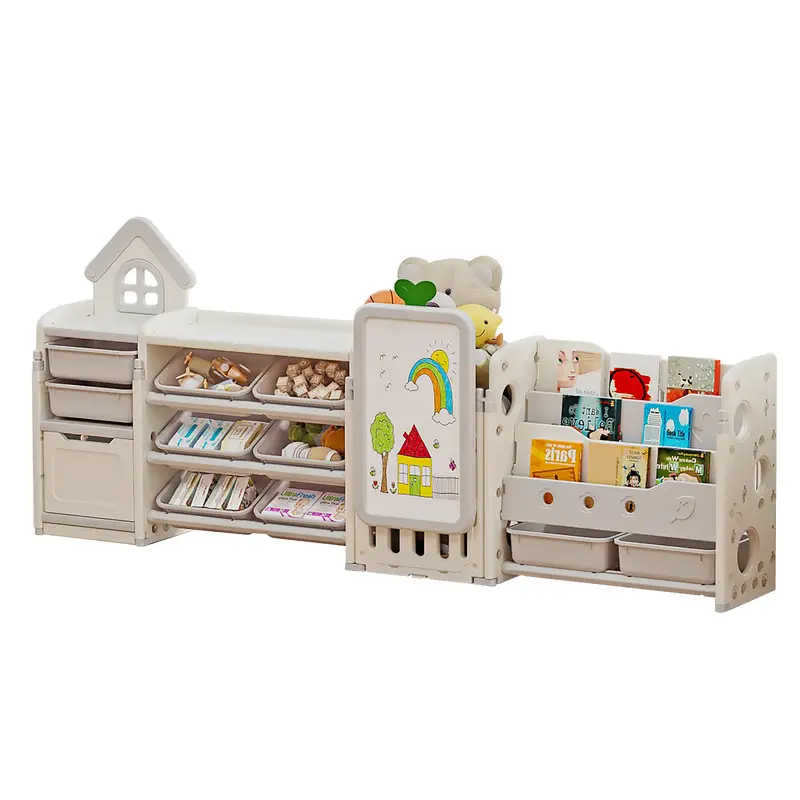 Kids Multifunctional Toy Storage Organizer with 3-Tier Bookshelf, Storage Rack & Drawing Board