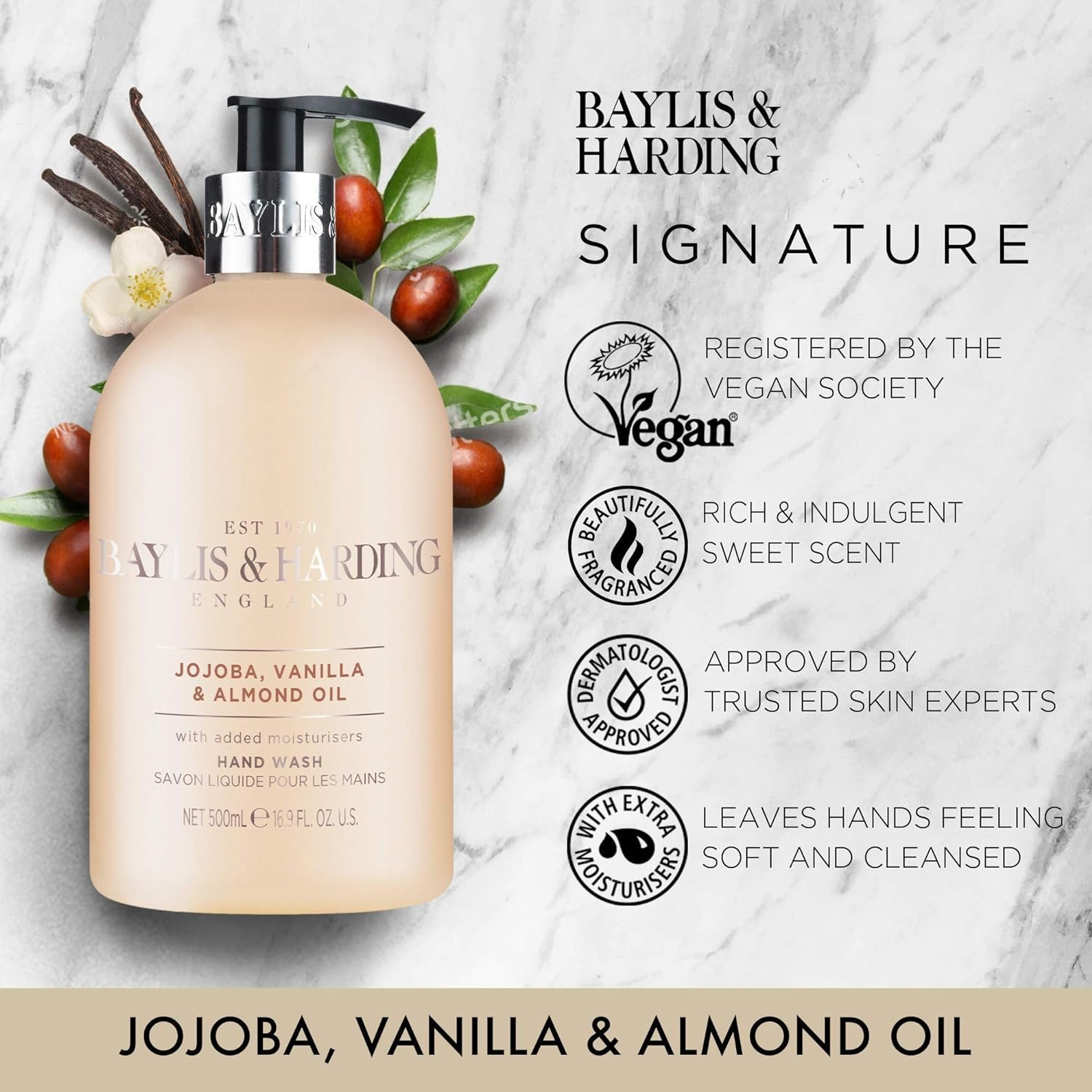 Baylis & Harding Jojoba, Vanilla & Almond Oil Hand Wash, 500 ml (Pack of 3) - Vegan Friendly - Image 2
