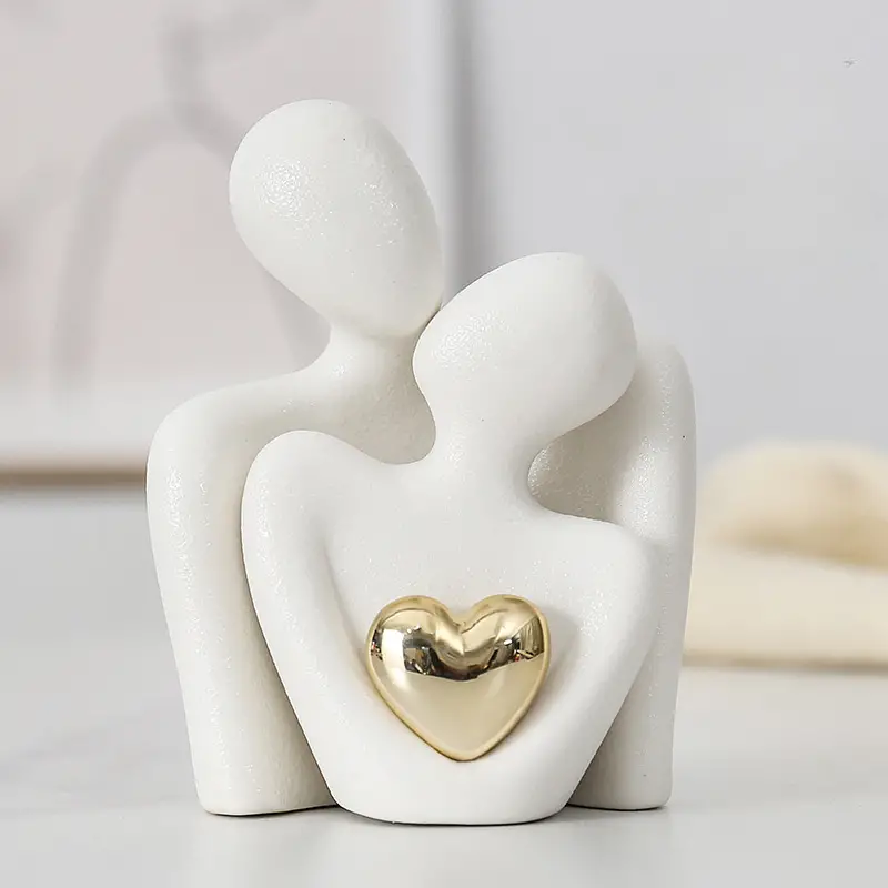 1pc, Modern Ceramic Love Embrace Figurines With Golden Heart Accent - Image 2