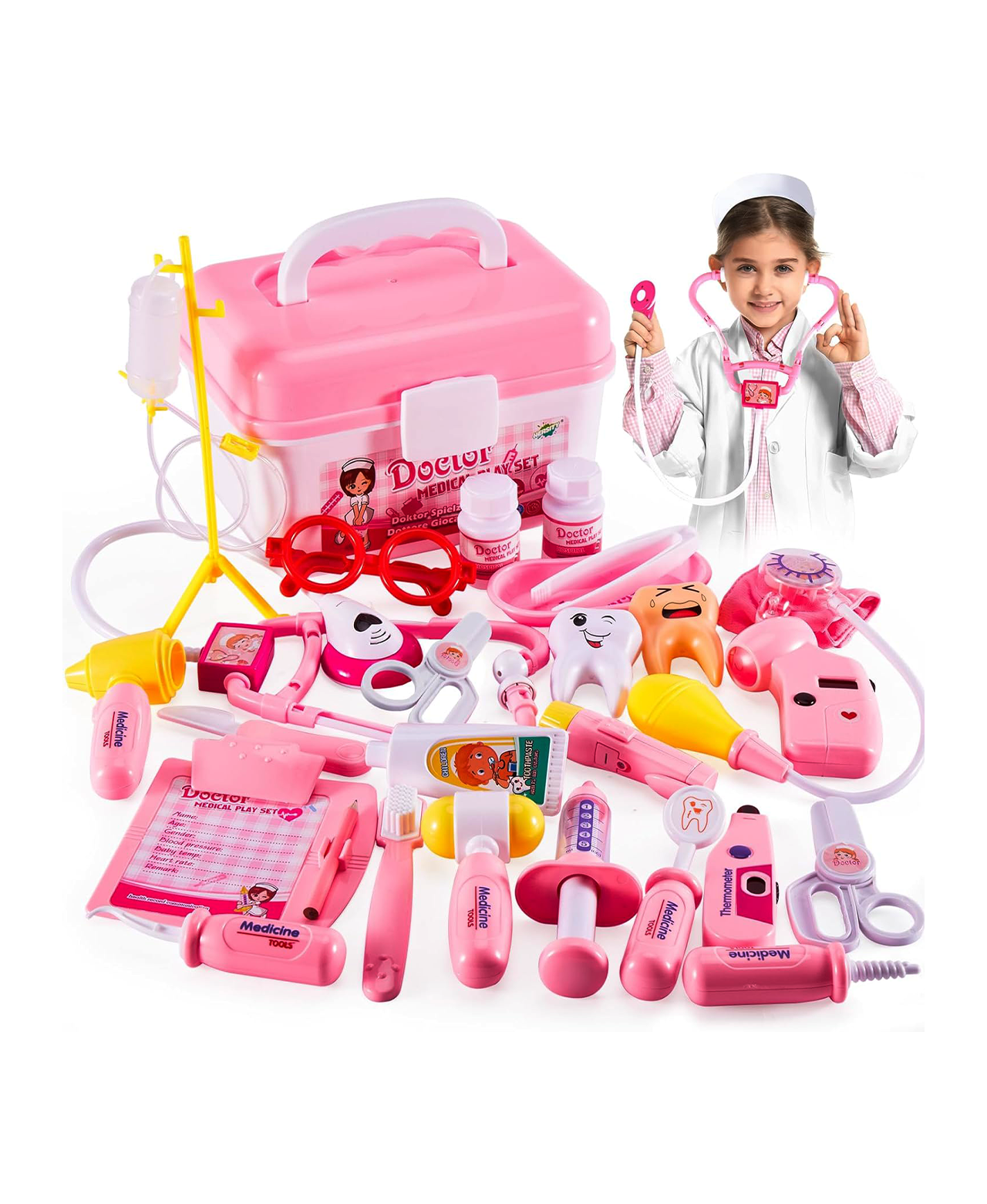HERSITY Kids Doctors Kit Toy Medical Playset Nurses Costume Role Play Dentist Set with Carry Case Gifts for 3 4 5 6 Years Old Girls