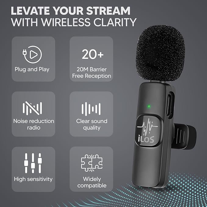 ILOS Wireless Lavalier Microphone for iPhone Clip-On Mic, Noise Reduction, 65ft Range, 8H Battery, Bluetooth, Plug & Play - Ideal for Vlogging, YouTube, Podcasts, Interviews - Image 2