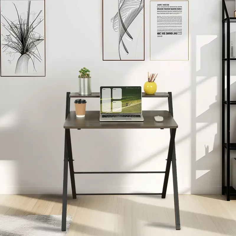 Functional 2-Tier Folding Desk with Sturdy Metal Frame, Space-Saving Assembly Foldable Writing Table - Image 3