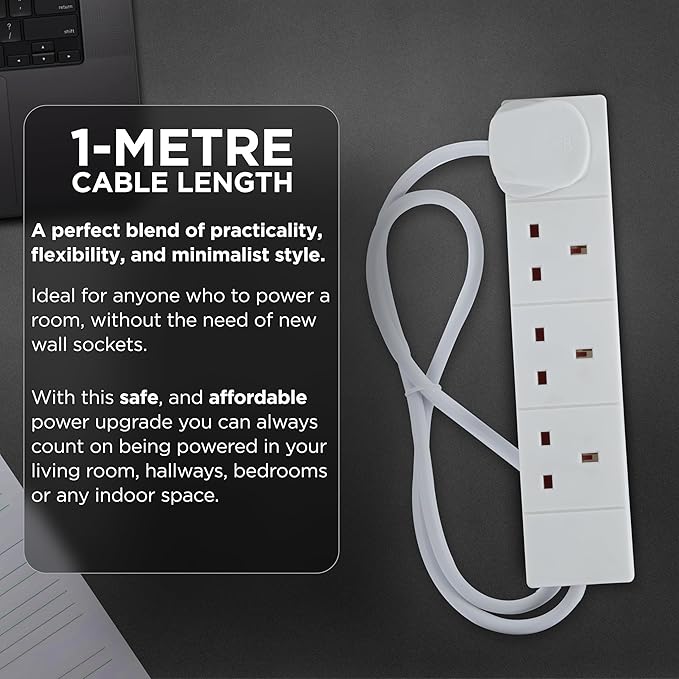 STATUS 4 Way Socket Extension Lead, 1m Cable Multi-Plug Power Strip for Home, (4WS1M20) - Image 3