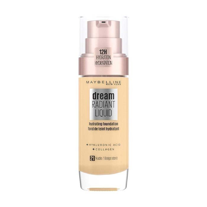 Maybelline Foundation, Dream Radiant Liquid Hydrating Foundation with Hyaluronic Acid and Collagen - Lightweight, Medium Coverage Up to 12 Hour Hydration - 21 Nude