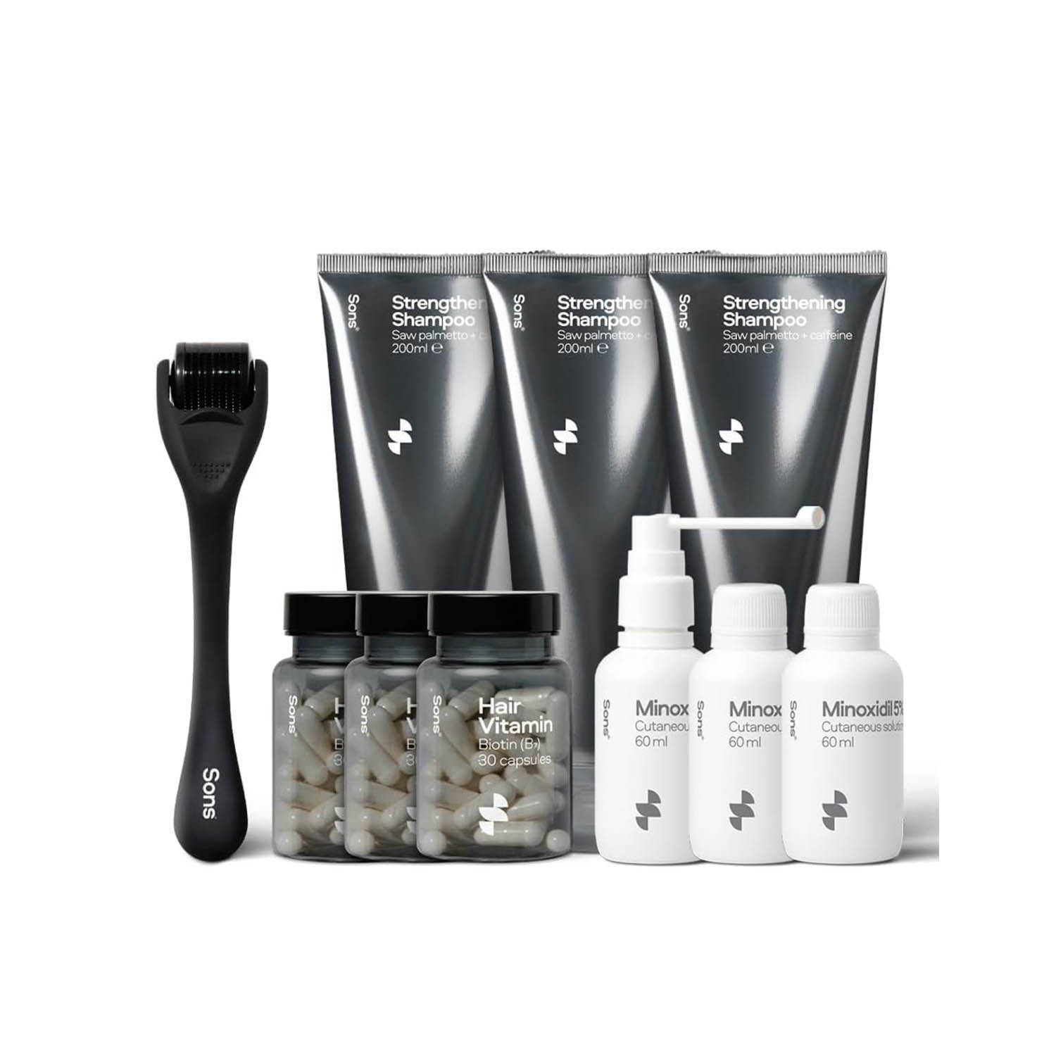 Sons Complete Hair Loss Treatment - Minoxidil 5%, Biotin, & DHT Blocking Shampoo + Dermaroller,  3 Month Supply