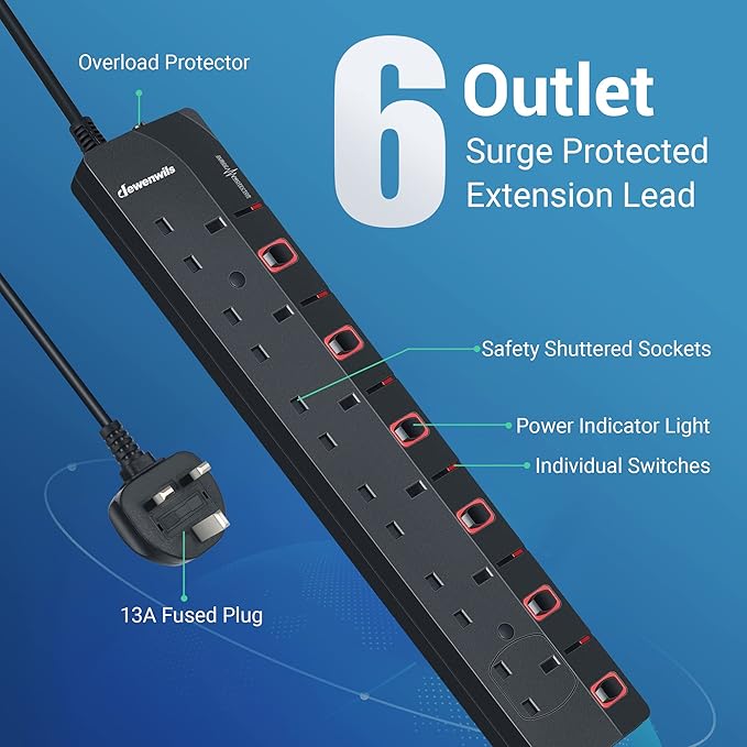 6 Way Surge Protected Extension Lead with Individual Switches and Indicator Lights, Extension Cable 3M - Image 4