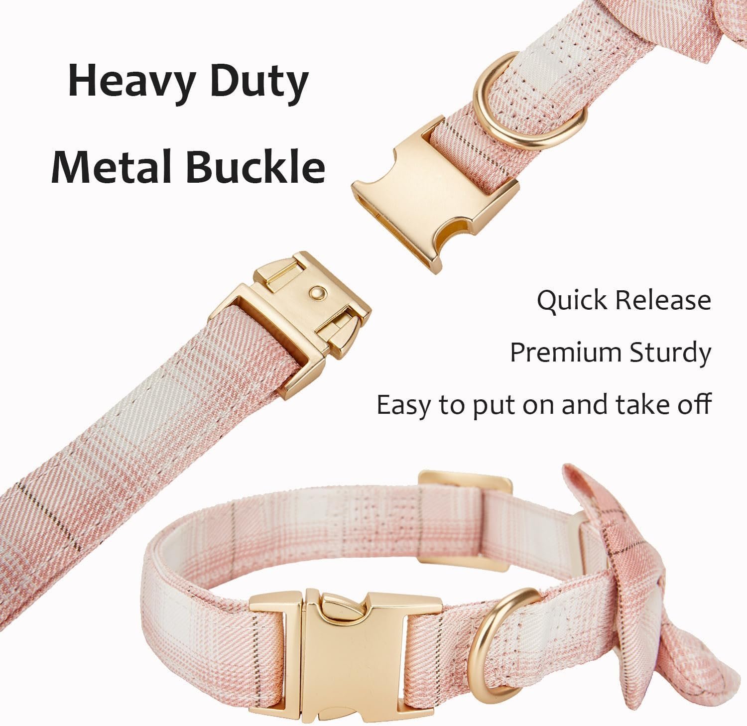 Soft Cloth Wrapped Dog Collar Plaid UK Style Collars with Removeable Bowtie for Small Dogs with Sensitive Skin,Pink - Image 3