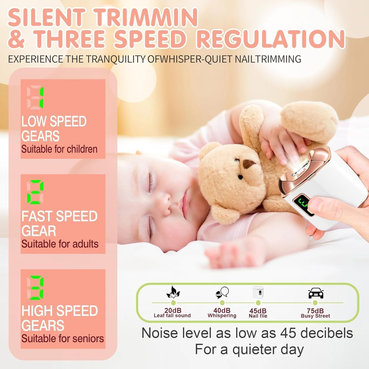 Electric Nail Clipper with LED Light, USB Rechargeable Nail Trimmer, 3-Speed Fingernail Manicure for Baby, Kids, Seniors, and Adults - Perfect for Elderly Nail Care, White - Image 2