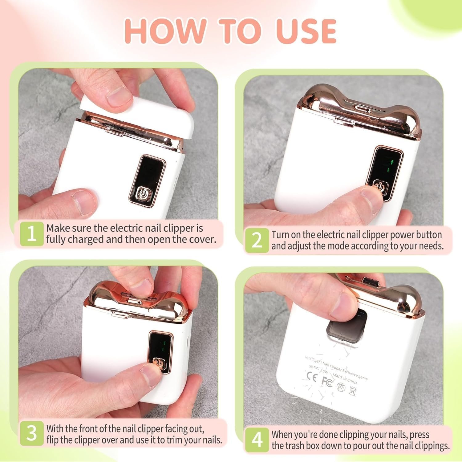 Electric Nail Clipper with LED Light, USB Rechargeable Nail Trimmer, 3-Speed Fingernail Manicure for Baby, Kids, Seniors, and Adults - Perfect for Elderly Nail Care, White - Image 3