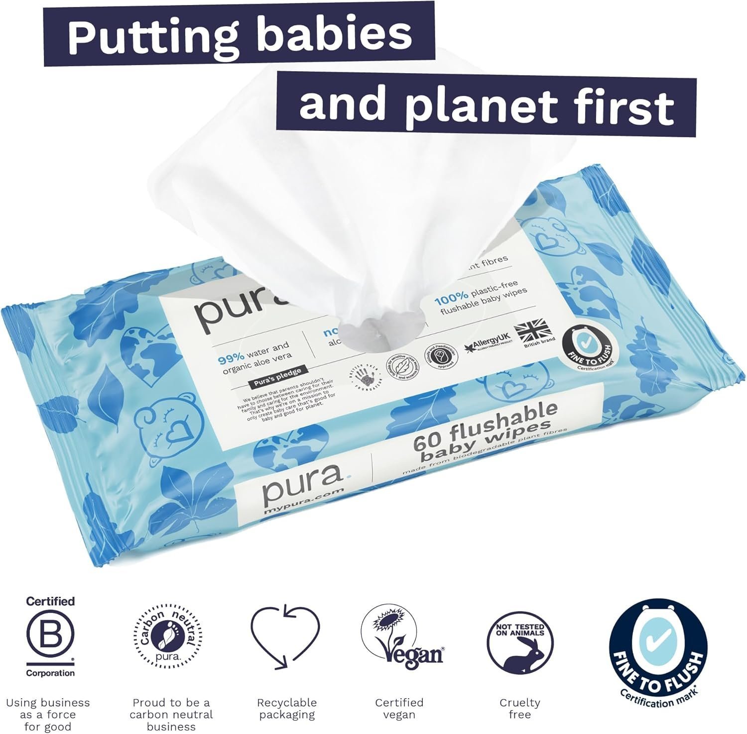 Pura Flushable Baby Water Wipes 3 x 60 per pack, (180 Wet Wipes) 100% Plastic Free, 99% Water - Image 5
