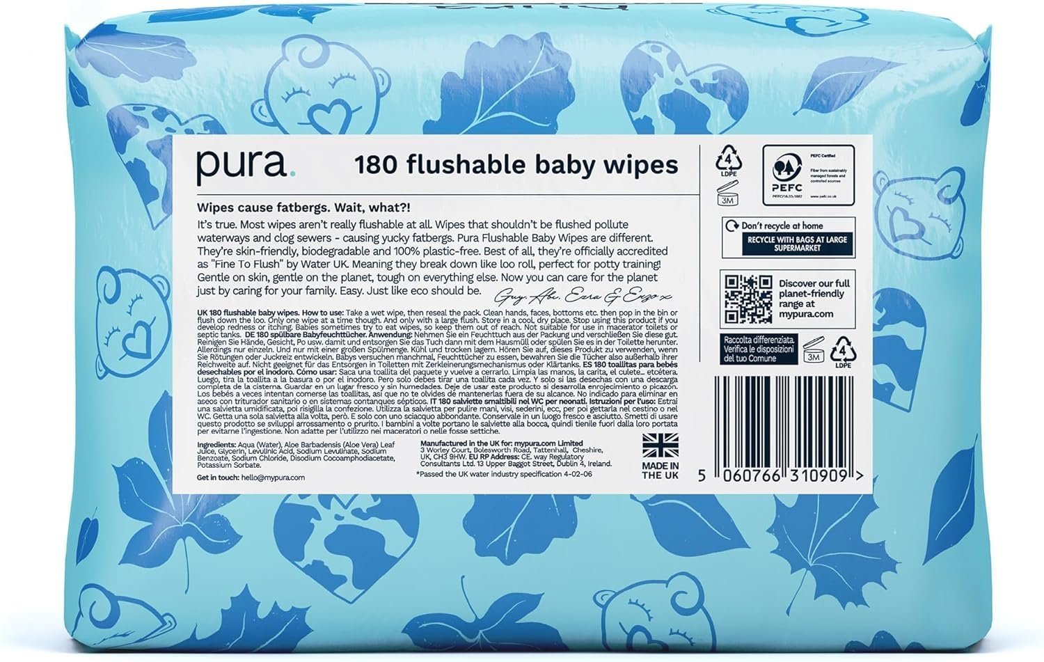 Pura Flushable Baby Water Wipes 3 x 60 per pack, (180 Wet Wipes) 100% Plastic Free, 99% Water - Image 2