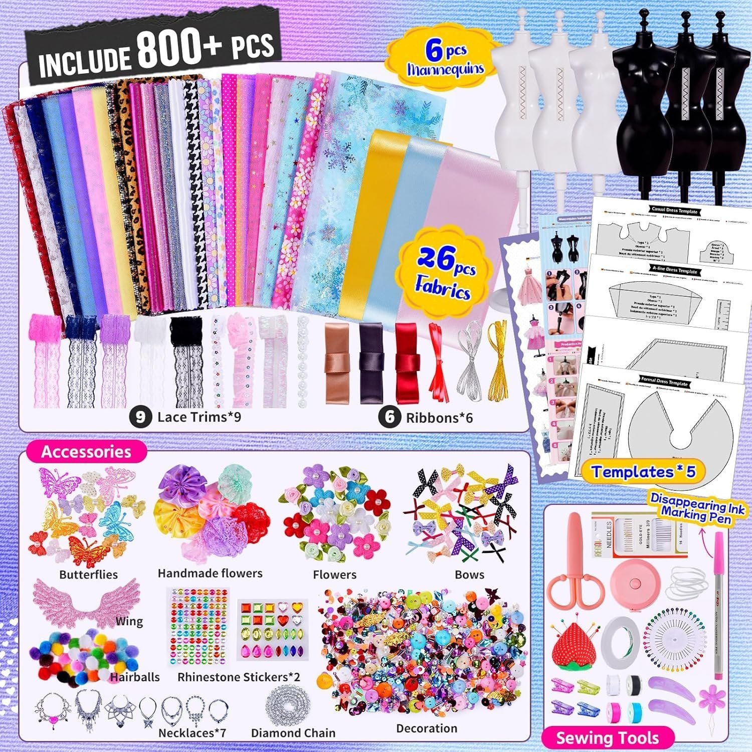 800+Pcs - Fashion Designer Kit for Girls with 6 Mannequins- Gift Present Age 6 7 8 9 10 11 12+ Visit the ONE TO FOUR Store - Image 3