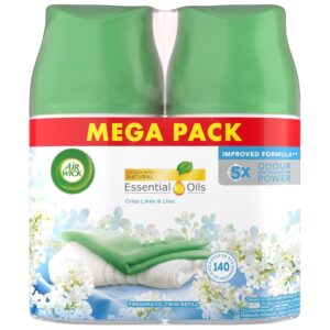 Air Wick Automatic Air Freshener Freshmatic Spray Twin Refills, Crisp Linen and Lilac, Pack 2 x 250ml, Natural Essential Oils, Last up to 140 Days, Air freshener