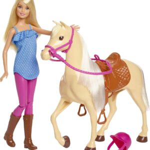 Barbie Playet with Blonde Fashion Doll in Riding Outfit & Light Brown Horse with Saddle, Bridle & Reins, FXH13