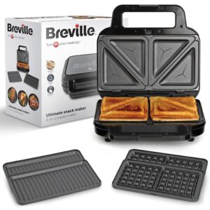 Breville 3-in-1 Ultimate Snack Maker | Deep Fill Toastie Maker, Waffle Maker & Panini Press | Removable Non-Stick Plates | Black & Stainless Steel [VST098] | UK Plug