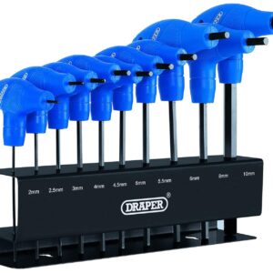 Draper 10 Piece T-Handle Hexagon Allen Key Set | Metric Long Pattern Hand Tools | Hex Key Wrench Kit | Long Arm Chrome Vanadium Steel Kit | Steel Wall Mounting Stand| 33869