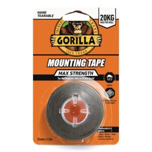 Gorilla Max Strength Indoor Mounting Tape, 25mm x 1.5m – Heavy-Duty Double-Sided Tape for Permanent Bonds | Hand Tearable & Mesh Reinforced for Strength