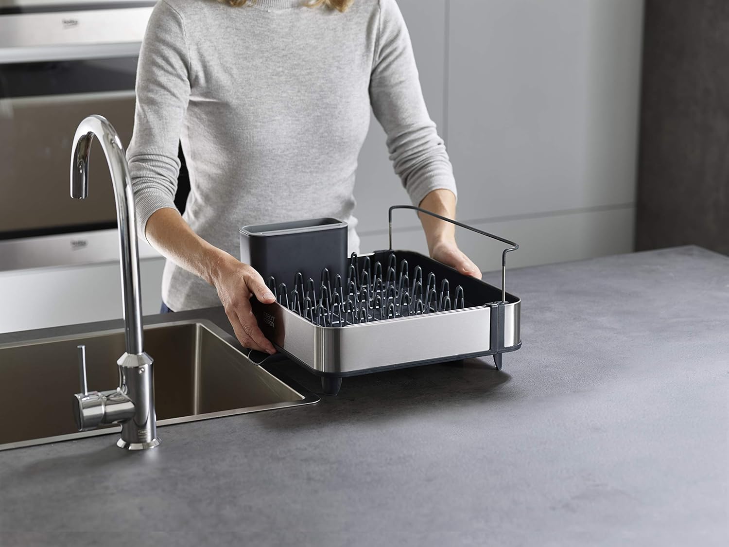 Joseph Joseph Rethink Your Sink - 2-piece Sink Organisation Set, Stainless Steel, Extendable Dish Drainer Rack with Draining Spout and Chopping Board Rail, includes Hygienic...