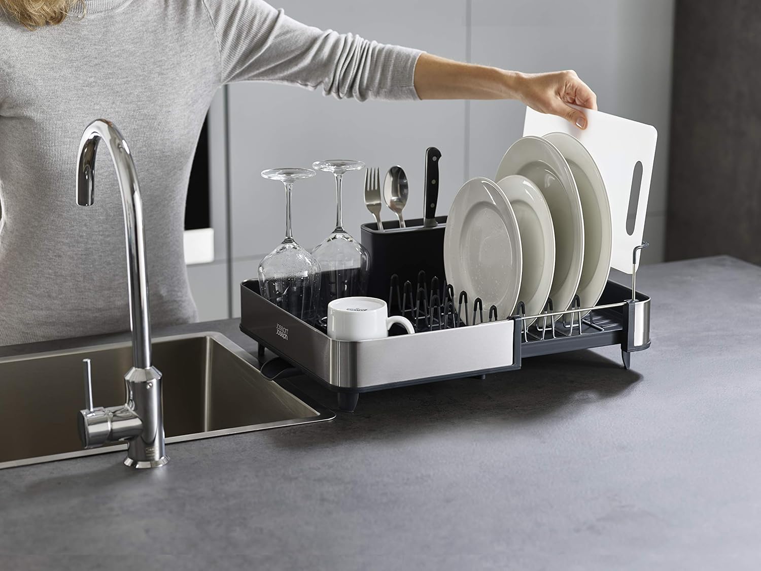 Joseph Joseph Rethink Your Sink - 2-piece Sink Organisation Set, Stainless Steel, Extendable Dish Drainer Rack with Draining Spout and Chopping Board Rail, includes Hygienic...