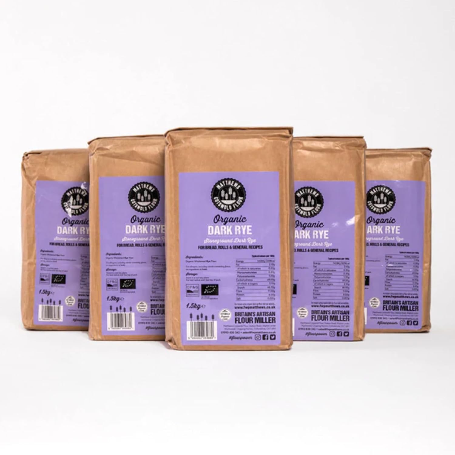 Matthews Cotswold Organic Stoneground Wholegrain Dark Rye Flour - 1.5kg Bag (Single Bag)