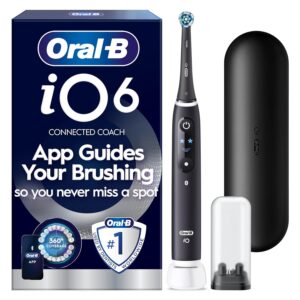 Oral-B iO6 Electric Toothbrushes For Adults, 1 Toothbrush Head, 5 Modes with Teeth Whitening, 2 Pin Plug, Black Lava, Travel Case Colour May Vary