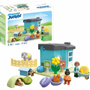 PLAYMOBIL Junior 71690 Animal Pension with Feeder, Includes Four Pets and Rotating Sorting Plate, Sustainable Toy Made of Plant-Based Plastics, for Children from 1 Year