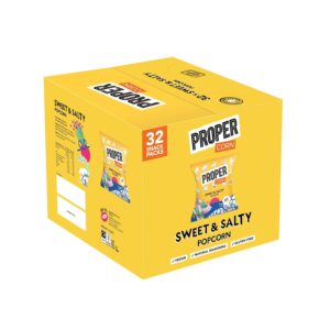 PROPER Sweet & Salty Popcorn, Natural Sea Salt and Demerara Sugar Seasoning, Vegetarian, Gluten-Free, Hand-Popped Corn, 65 kcal, 14g, Box of 32
