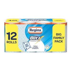 Regina Blitz Household Towels – 12 Triple Layered Rolls, 70 Sheets Per Roll, Recyclable-Paper Packaging, FSC Certified Paper, 60% Larger Than Standard Kitchen Roll Sheets