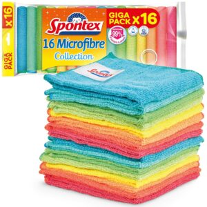 Spontex Microfibre Cloths for Cleaning | 16 Microfibre Collection Cleaning Cloths | For Use as Dusters & Kitchen Towels | 30 x 30cm | Assorted Colours | 16 Count